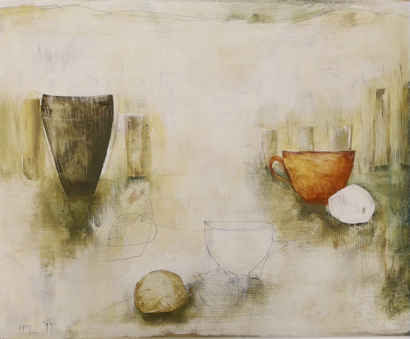 Ffiona Lewis (b.1964), oil and pencil on relief board, 'Red Cup - Dado Rail', signed and dated '97, 22 x 27cm